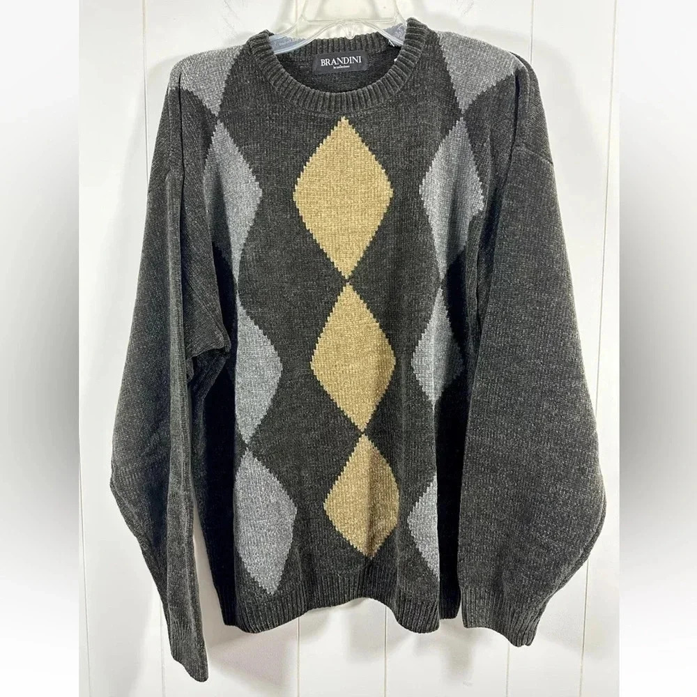 Brandini Knit Gray Long Sleeve Sweater Argyle Pattern Size L